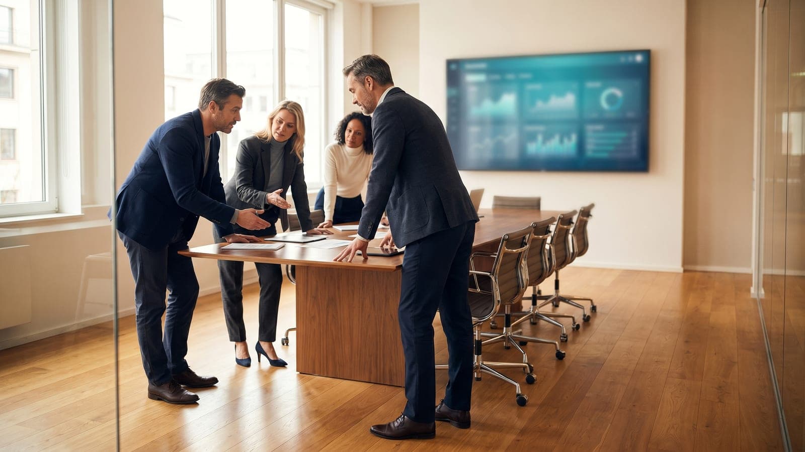 A governance team reviewing an AI system inventory and risk classifications on a meeting-room screen.
