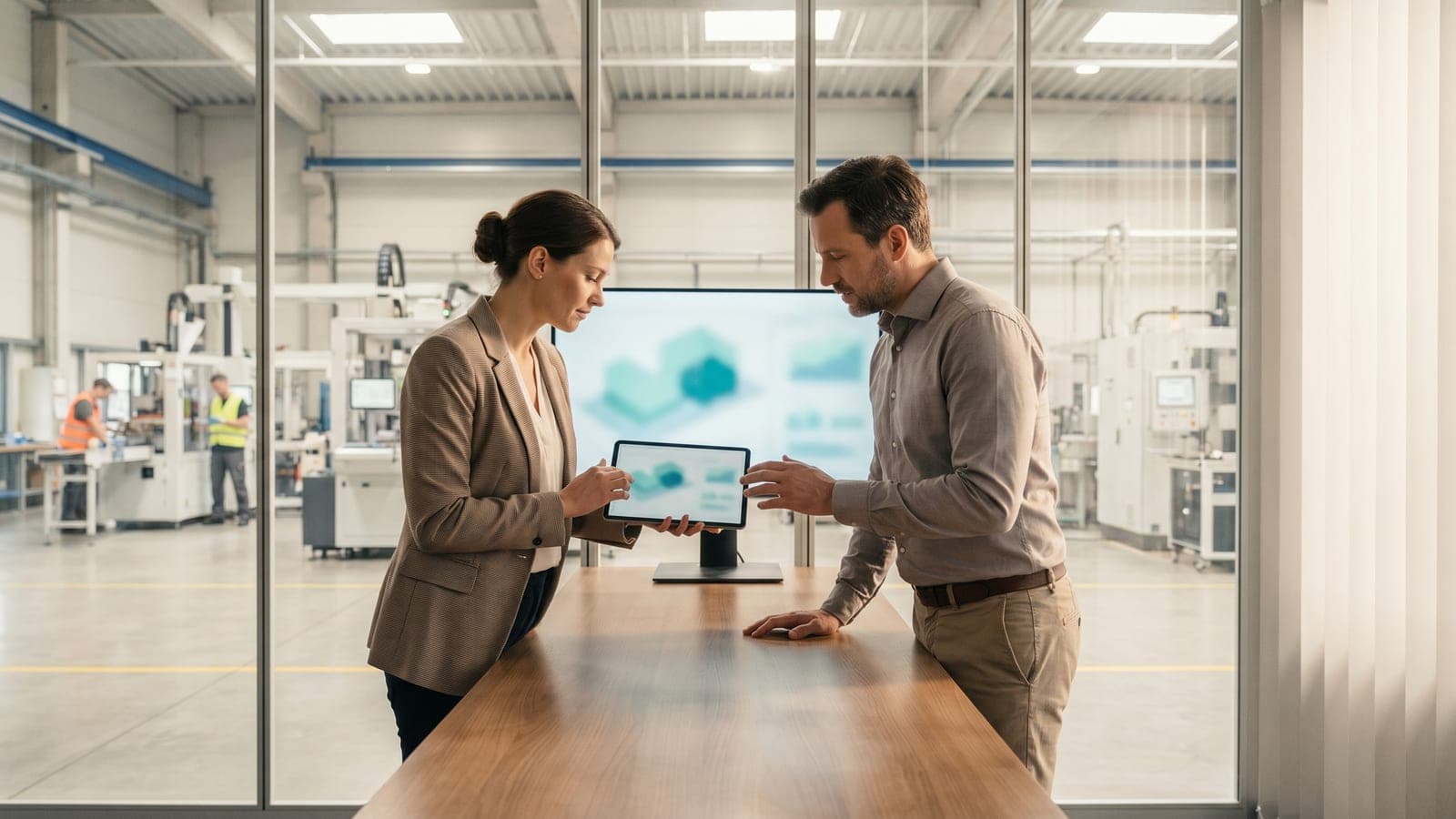 Two engineers reviewing an industrial security framework on the floor of a modern manufacturing plant.