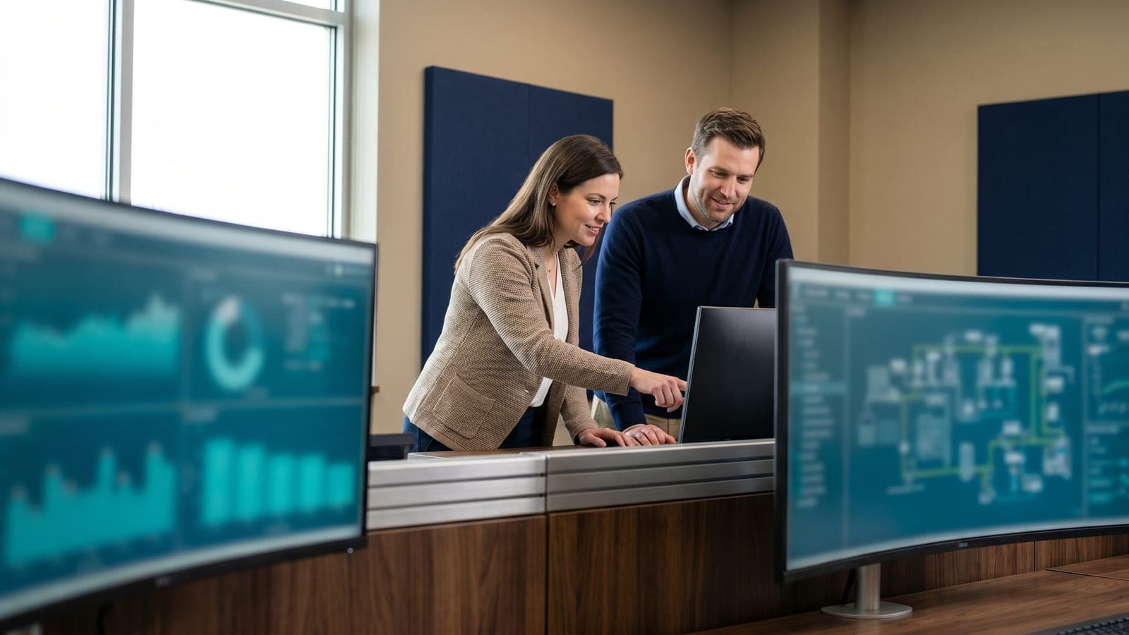Engineers reviewing OT system security on monitoring screens in an industrial control room.