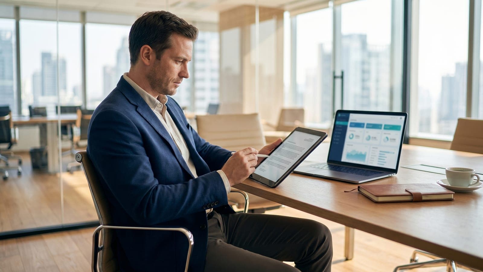 A consultant reviewing a formal compliance document on a tablet next to a laptop.