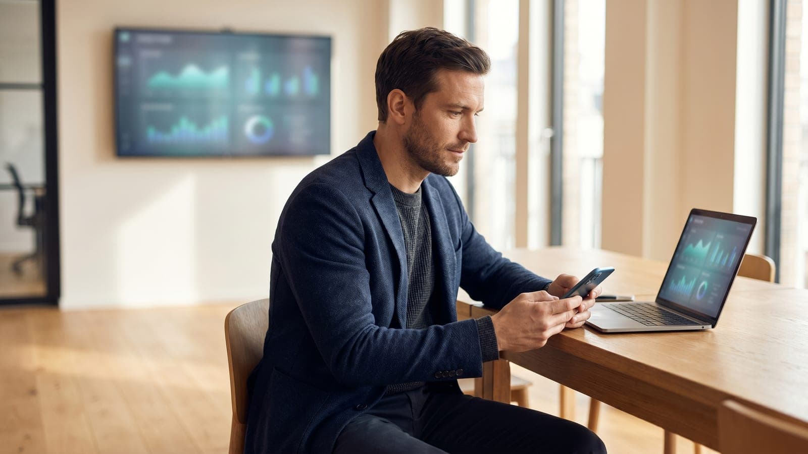 A professional reviewing account and identity security settings on a laptop and phone.