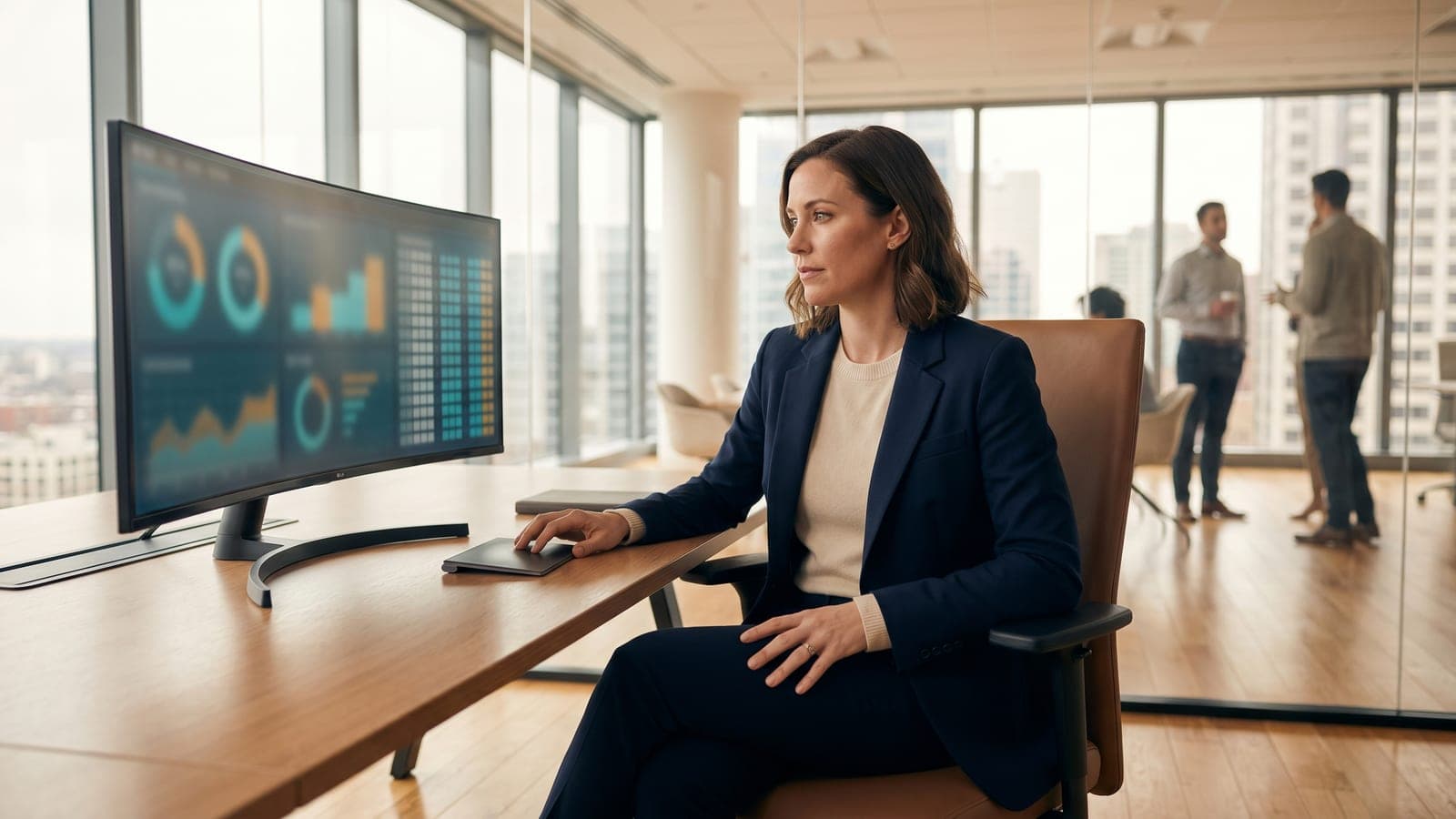 Risk analyst reviewing a risk matrix and heat map on screen.