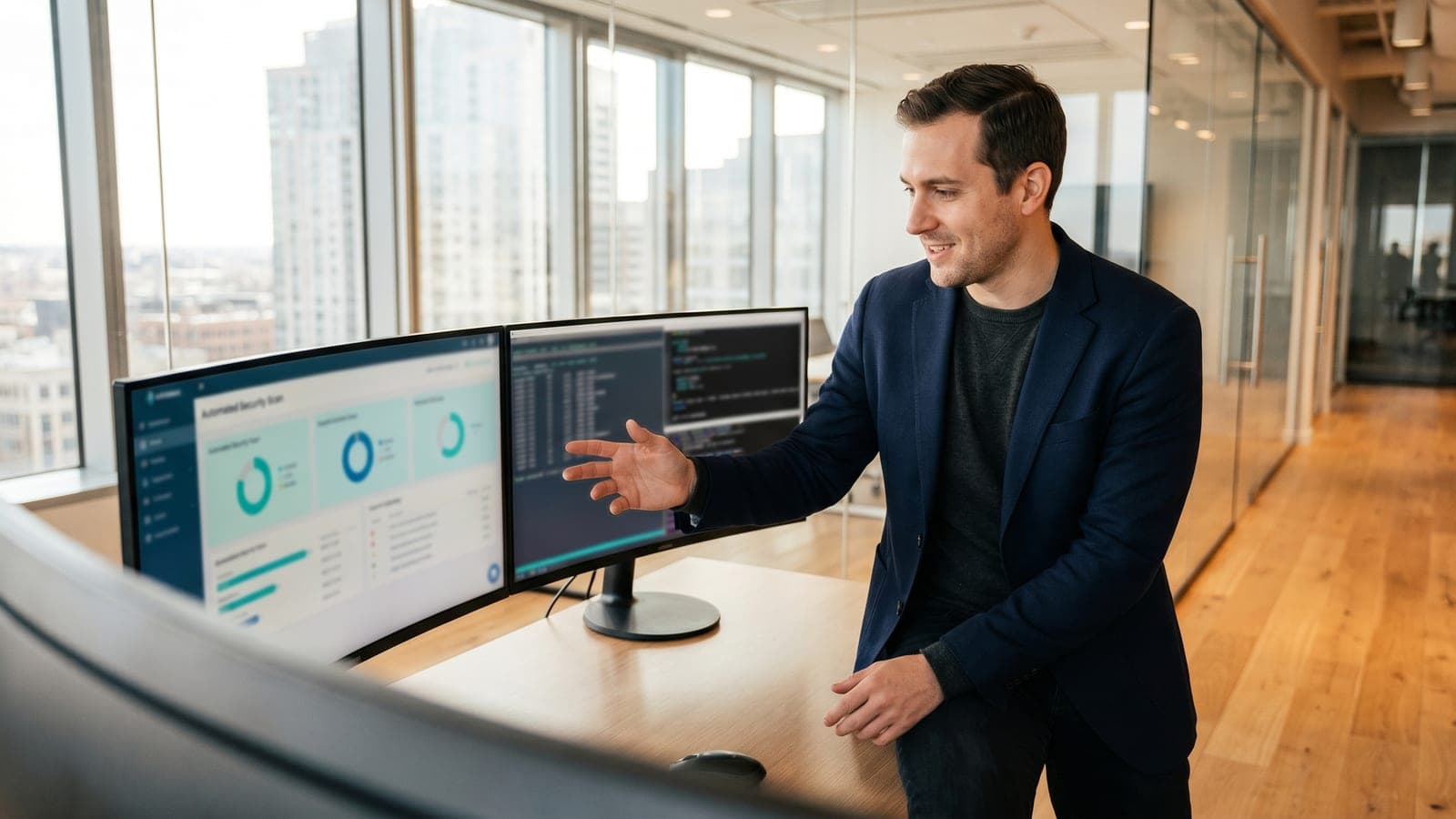 A penetration tester reviewing findings on screen beside an automated scanner dashboard.