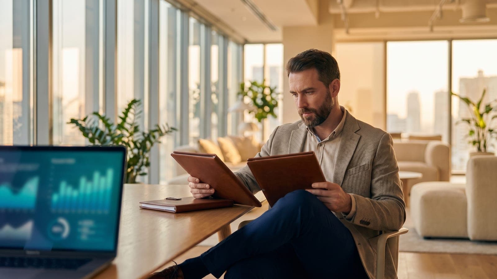 An auditor reviewing a SOC attestation report at a desk.