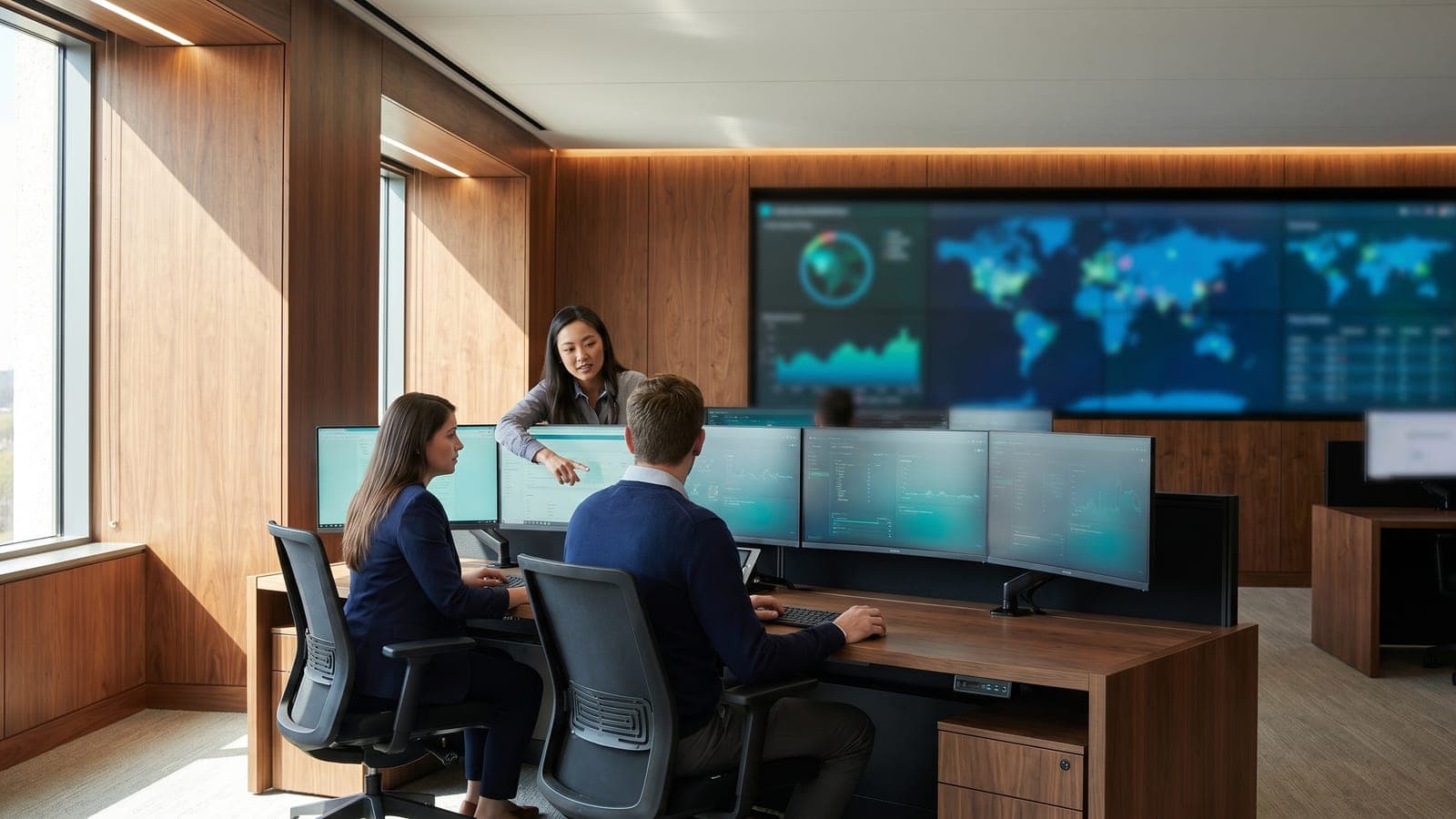 Analysts in a security operations center watching monitoring dashboards on a video wall.