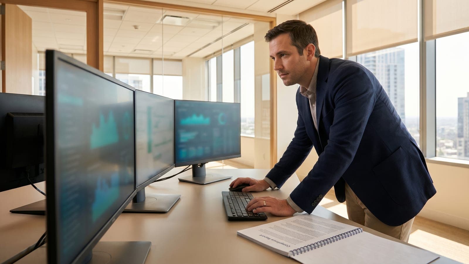 A security tester at a laptop probing systems beside a stamped SOC 2 audit report.