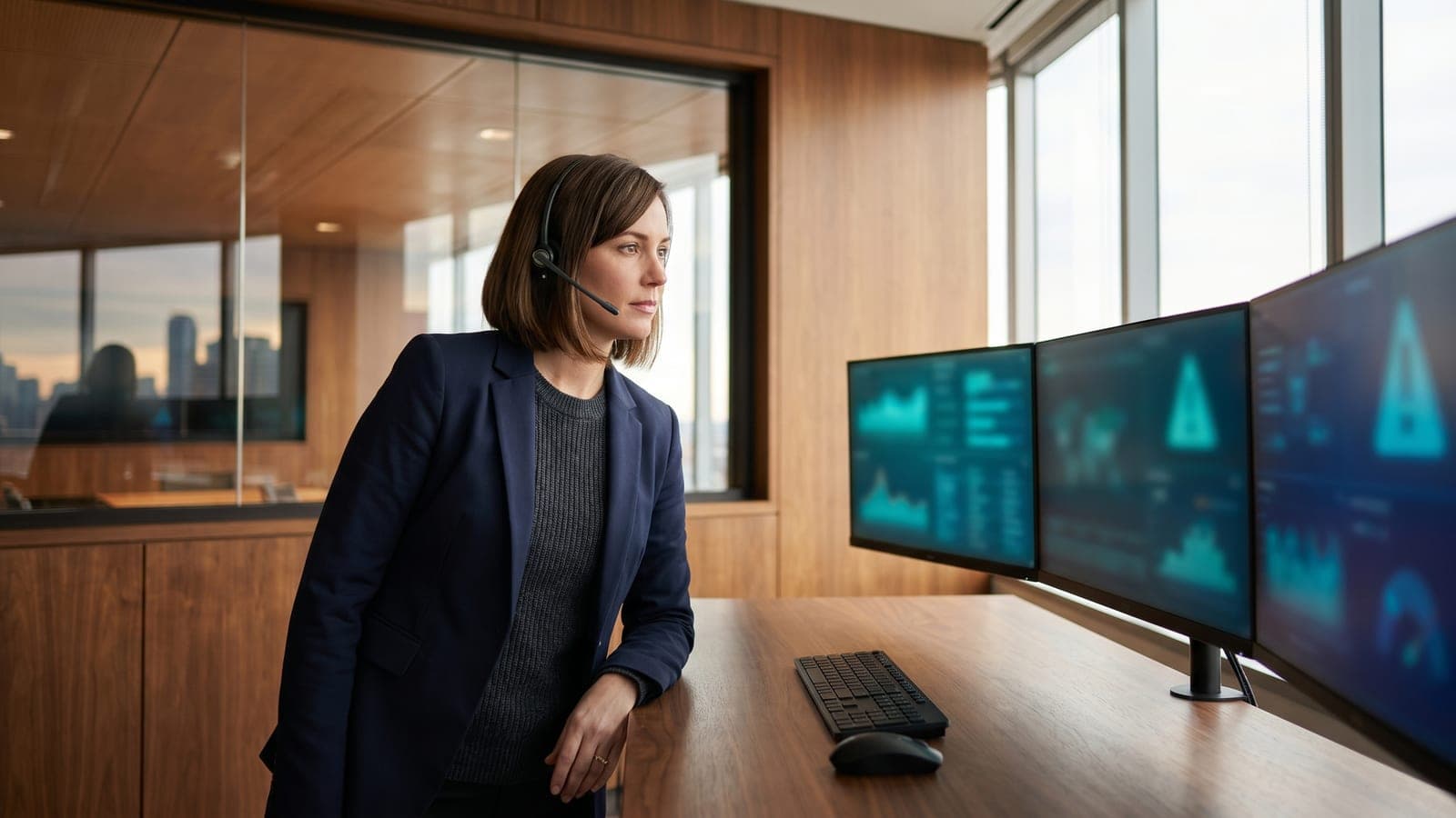 A security analyst monitoring threat detection alerts on multiple screens.