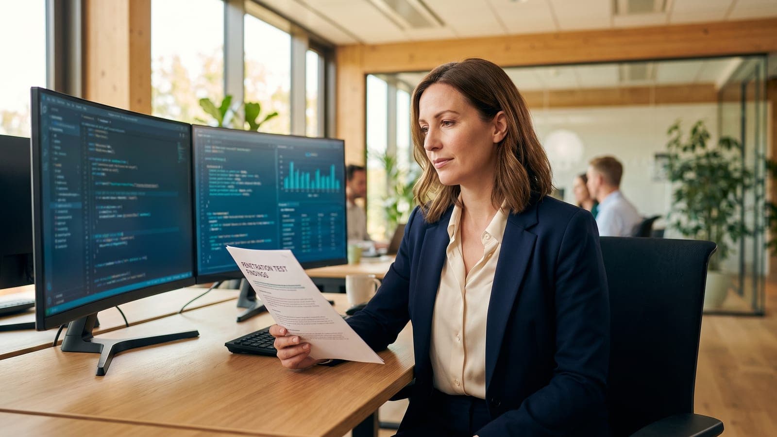 A penetration tester at a workstation reviewing exploitation steps against a target system.
