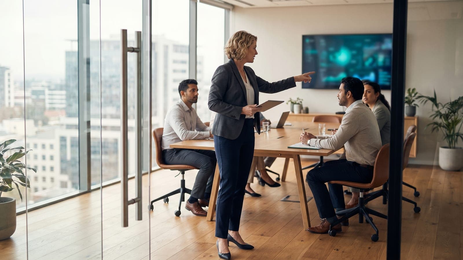 A security leader presenting a security strategy and risk roadmap to executives in a boardroom.
